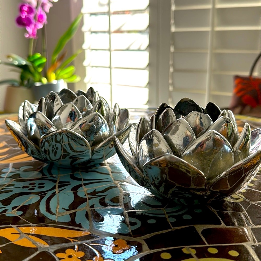 Silver Lotus Tealight Holders - Decorative Set of 2